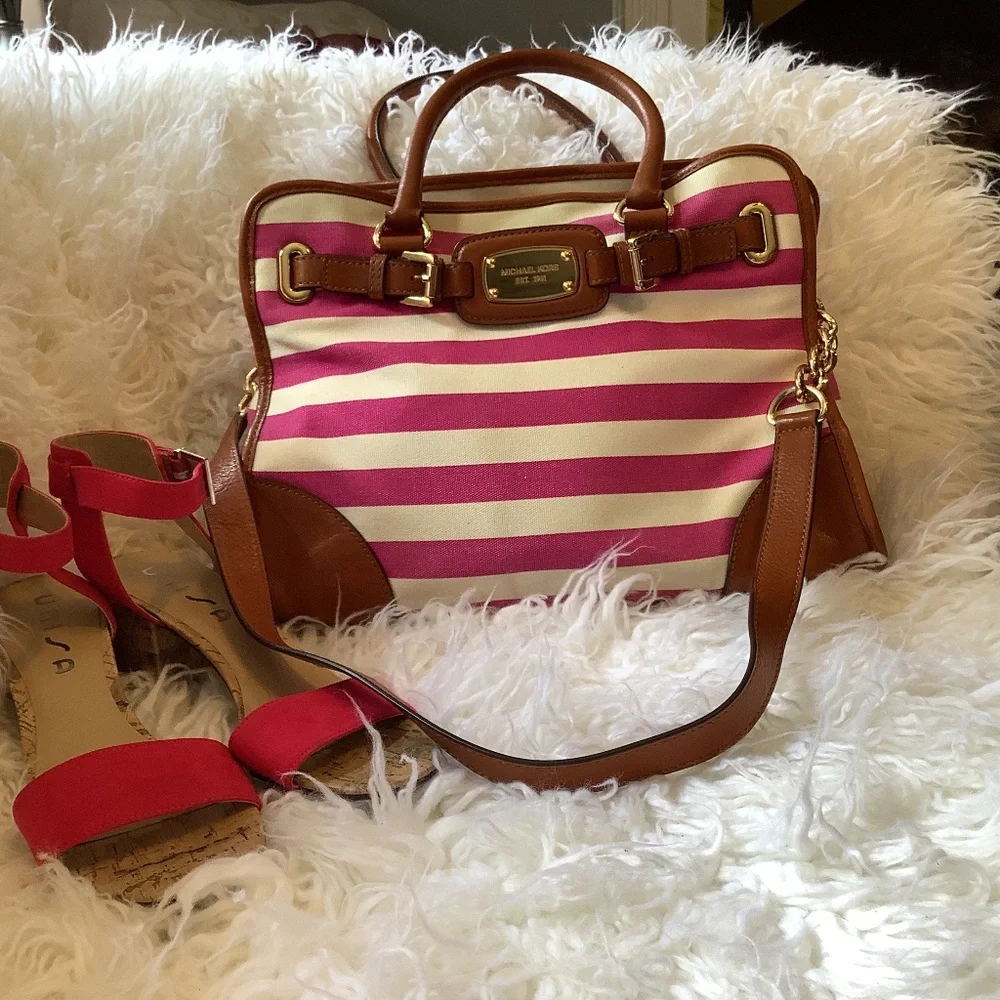 MICHAEL Michael KORS Fusia/pink and White Striped Canvas leather Hamilton Large - Picture 3 of 15